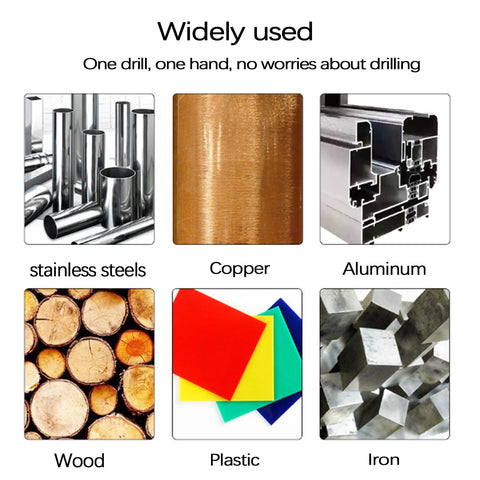 BIBFXAA two-stage step drill bit; collage of stainless steel, copper, aluminum, wood, plastic, iron.