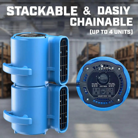 Pro Grade Heavy Duty Industrial Air Mover And Carpet Dryer, 2800 CFM, stackable units, side and front view, blue design