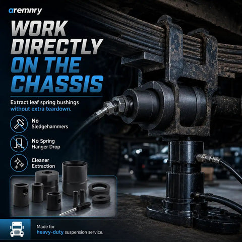 Leaf Spring Pin Bushing Removal Adapter Press Tool For Semi Truck On Vehicle Service Heavy Duty Extraction And Installation Directly On The Chassis No Hammer Or Torch Needed By Mechanics in use on leaf spring