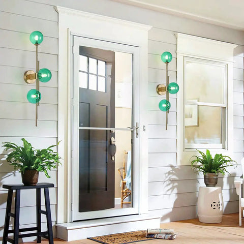 Dope Gold Long Strip 3 Light Globe Vanity Wall Sconce With Green Glass Shades Minimalist Mirror Bathroom Lighting indoors