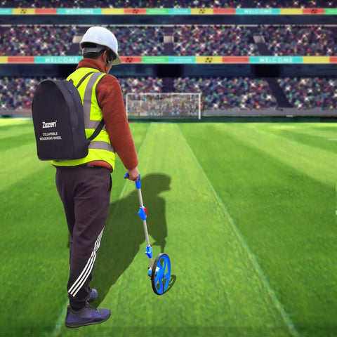 Worker using Rolling Tape Measure Wheel With 3 Section Collapsible Design One Key Reset on soccer field