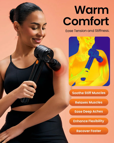 Woman using Deep Tissue Massage Gun With Heat And Cold Therapy on shoulder, showcasing comfort features and benefits.