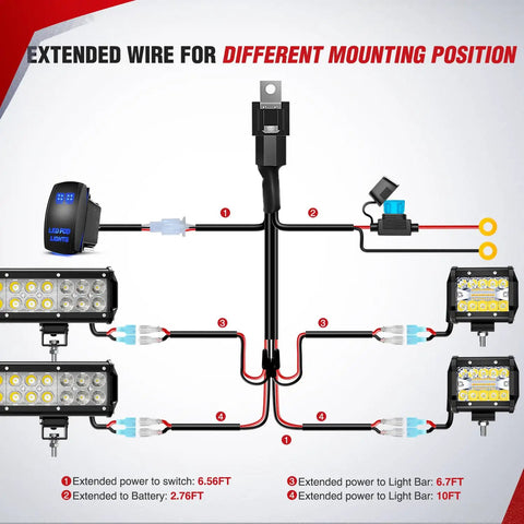 Heavy Duty 16AWG LED Pod Lights Wiring Harness Kit With Four Leads Power Relay Inline Fuse And Weatherproof Connectors Handles Up To 180W Total Blue Finish Ideal For Off Road Trucks Jeeps UTVs And Outdoor Lighting Setups, extended wire layout