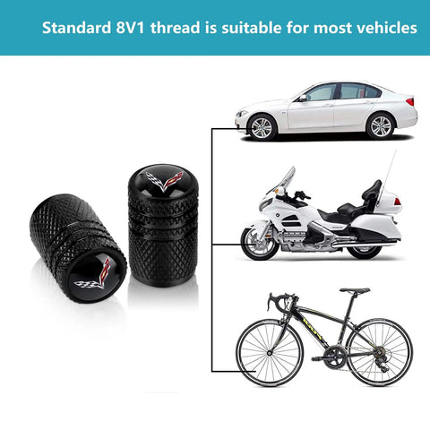 Corvette Tire Valve Stem Caps 4 Pack Aluminum Alloy Black Anodized Protect Valve Stems Durable Wheel Air Caps For C4 C6 C5 C7 C8 Z06 Easy Install Auto Accessory shown next to car, motorcycle, and bicycle.