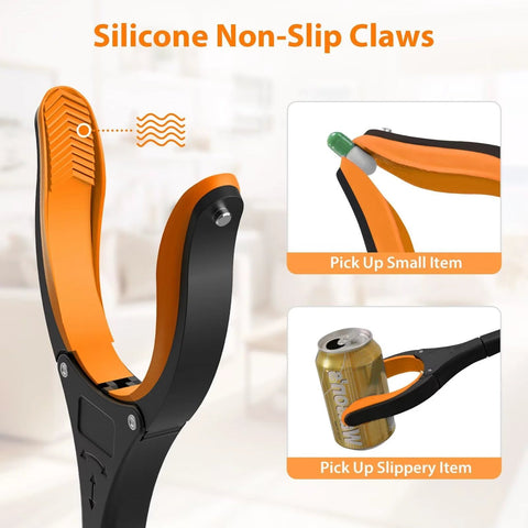 Front view of REWKCY 32-inch foldable reacher grabber tool with orange silicone non-slip jaws (2-pack)