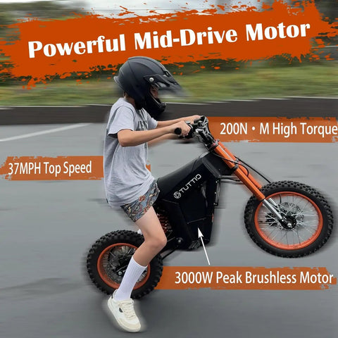 Young rider on Electric Dirt Bike For Teens And Adults With 3000W Peak Mid Drive Motor 200NM Torque 37 MPH Top Speed 48V battery
