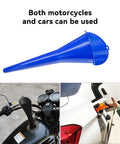 2 Pack Long Neck Oil Funnel for Cars and Engines Multi Function Plastic Fuel And Lubricant Funnel for Easy Oil Filling Universal Engine Oil Funnel Set Blue, shown on motorcycle and car fuel tanks.