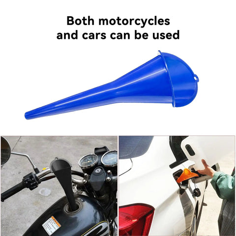 2 Pack Long Neck Oil Funnel for Cars and Engines Multi Function Plastic Fuel And Lubricant Funnel for Easy Oil Filling Universal Engine Oil Funnel Set Blue, shown on motorcycle and car fuel tanks.