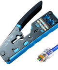 Pro Network Tool Kit For Cat6 Cat5e Cat5 With Pass Through RJ45 Crimp Tool and connector, shown in close-up view.