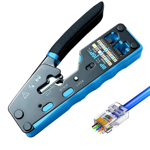 Pro Network Tool Kit For Cat6 Cat5e Cat5 With Pass Through RJ45 Crimp Tool and connector, shown in close-up view.