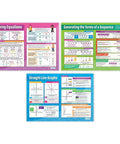 Three of the seven Algebra posters with interactive quizzes for middle and high school, showing equations, sequences, and graphs.