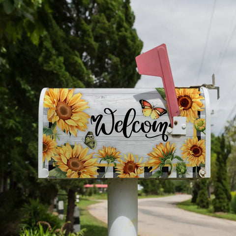Sunflower Butterfly Welcome Mailbox Cover Magnetic 21 By 18 Inches Standard Size Rustic Farmhouse Post Box Wrap