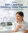 Child holding glass of water next to Brushed Nickel Reverse Osmosis Faucet No Air Gap For Under Sink Water Filtration System NSF Certified Lead Free Drinking Water Tap For RO Unit FLR575BN For Homes