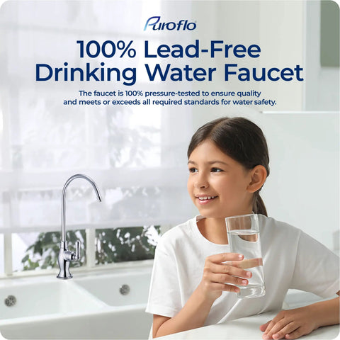 Child holding glass of water next to Brushed Nickel Reverse Osmosis Faucet No Air Gap For Under Sink Water Filtration System NSF Certified Lead Free Drinking Water Tap For RO Unit FLR575BN For Homes