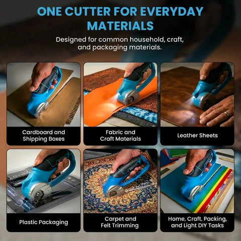 Bozuki Cordless Electric Scissors Rechargeable 4V Box Cutter For Cardboard And Fabric Rotary Shears cutting through cardboard and fabric.