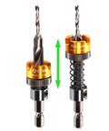 Adjustable Countersink Drill Bit With No-Wrench Depth Stop, 3-Level Depth Adjustment, Tungsten Carbide Tip, side-by-side view.