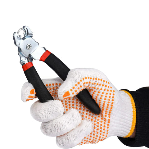 Pro Grade Hog Ring Pliers Kit with anti-slip gloves holding angled hog ring pliers for auto upholstery and pet cages