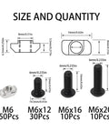 Diagram showing dimensions of M6 T Nuts and Screws Assortment Kit for 3030 Aluminum Profile Extrusions, including sizes 12mm, 16mm, 20mm.
