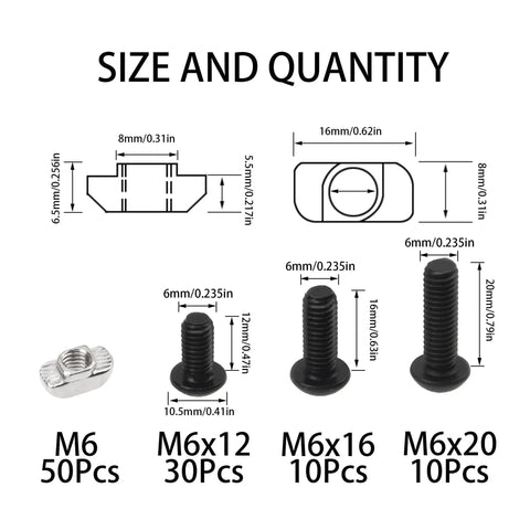 Diagram showing dimensions of M6 T Nuts and Screws Assortment Kit for 3030 Aluminum Profile Extrusions, including sizes 12mm, 16mm, 20mm.