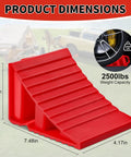 Side view of 4 Pack Wheel Chocks For Trailers And RVs With Easy Grab Handles Heavy Duty Hard Plastic Tire Chocks That Keep Cars Trucks And Campers In Place Bright Red High Visibility Fits Up To 26 Inch Tires, showing dimensions and weight capacity.