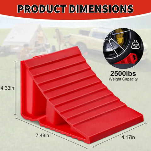 Side view of 4 Pack Wheel Chocks For Trailers And RVs With Easy Grab Handles Heavy Duty Hard Plastic Tire Chocks That Keep Cars Trucks And Campers In Place Bright Red High Visibility Fits Up To 26 Inch Tires, showing dimensions and weight capacity.