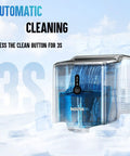 Countertop Nugget Ice Maker Pebble Ice Machine self-cleaning features shown with water flow and ice cubes.