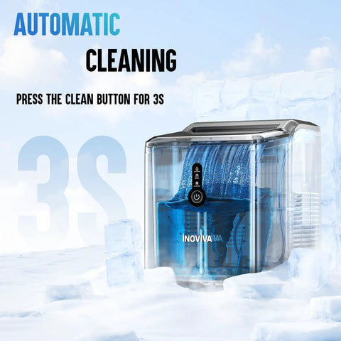 Countertop Nugget Ice Maker Pebble Ice Machine self-cleaning features shown with water flow and ice cubes.