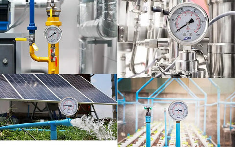 Low Pressure Capsule Gauge 0 to 10 PSI on various installations, featuring 2.5 in dial, 1/4 NPT bottom mount for air, gas, water tests.