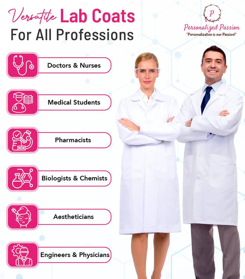 Custom Men's Lab Coat With Name And Logo, Professional Doctor Coat for various professions with individuals wearing white lab coats