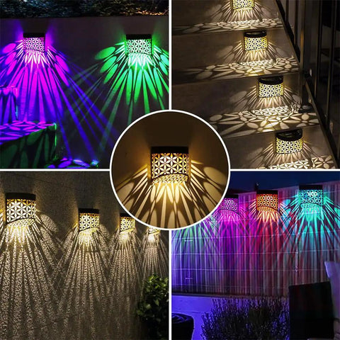 Two Pack Solar Fence Lights Outdoor Waterproof Patio Decor With Glowing Elk Pattern Solar Powered Pathway Lamps Auto On Off Dusk Sensor Easy Mount Five By Four Inches Each with colorful LED lighting effects
