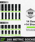 Image of 28-piece metric socket set showing both deep and shallow sockets from 8mm to 22mm.