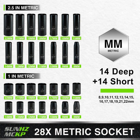 Image of 28-piece metric socket set showing both deep and shallow sockets from 8mm to 22mm.