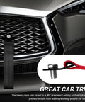 Hella Durable JDM Tow Strap For Cars mounted on car grille with secure steel hook and adjustable nylon strap.