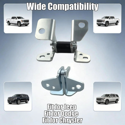 Driver Side Upper And Lower Front Door Hinge Set Heavy Duty Steel Drop In Replacement For Jeep Grand Cherokee Dodge Charger Chrysler 300 Durango shown with wide compatibility details.