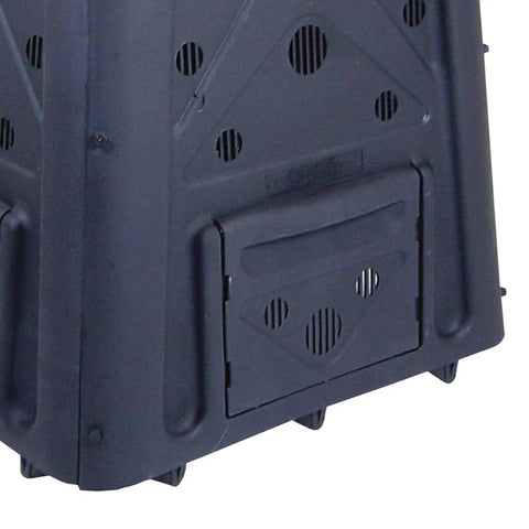 Close-up of black outdoor compost bin with lift-off lid, vent holes, and four-door access, 65-gallon capacity, made from recycled materials.