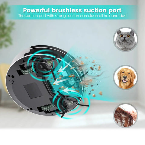 Bottom view of Compact Robotic Vacuum With Beast Mode Suction And Quiet Operation highlighting suction power for pet hair removal.