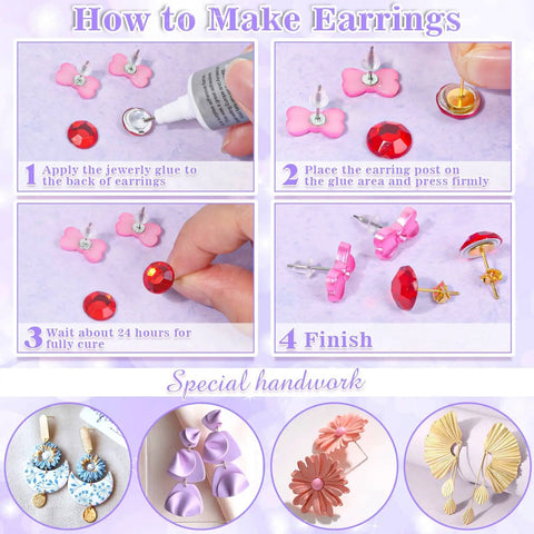DIY guide for making earrings using 600 Piece Stainless Steel Earring Post And Back Set For Do It Yourself Jewelry Making Dope Hypoallergenic Silver And Gold Posts With Rubber Backs Includes 4mm And 6mm Posts And 200 Backs, showing glue application and finished results.