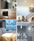 5 Or 6 Inch Led Recessed Downlight With Smooth Dimmable Ceiling Can Light illuminating a modern kitchen, stairway, and bedroom.