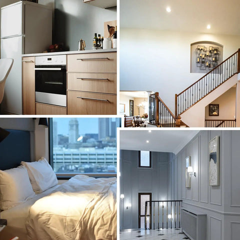 5 Or 6 Inch Led Recessed Downlight With Smooth Dimmable Ceiling Can Light illuminating a modern kitchen, stairway, and bedroom.