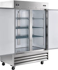 Real Deal Heavy Duty Two Door Reach In Freezer 47 Cubic Feet Capacity Built Tough Stainless Steel Body with open doors and shelves.