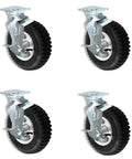 Ready To Roll 10 Inch Pneumatic Caster Set With Air Filled Tires And Four Swivel Brakes for easy maneuverability.