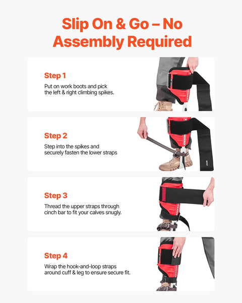 Steps for using Height Adjustable Tree Climbing Spikes Set With Straps And Protectors, showing easy strap and spur attachment.