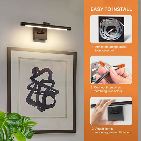 Sleek 16.53 Inch LED Picture Light For Paintings, Black Wall Lamp with installation steps showing mounting and wiring.