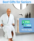Rock Solid Toilet Safety Rails For Seniors With Flip Up Armrest Handles Heavy Duty Bathroom Support Bars Adjustable Mounting For American Standard Toilets Hella Stable Senior Care Assist Bar with a smiling senior using the rails.