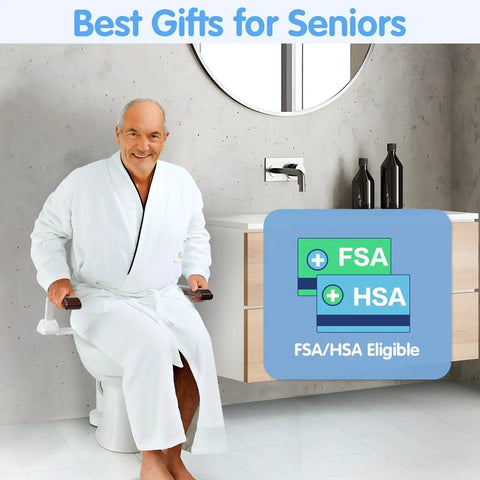 Rock Solid Toilet Safety Rails For Seniors With Flip Up Armrest Handles Heavy Duty Bathroom Support Bars Adjustable Mounting For American Standard Toilets Hella Stable Senior Care Assist Bar with a smiling senior using the rails.