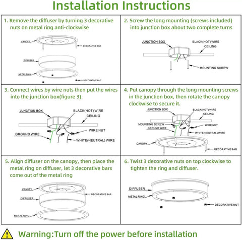 Installation instructions for 13 Inch Flush Mount LED Ceiling Light Fixture With Adjustable 2700K To 5000K Color Temperature.