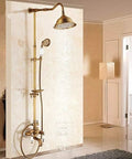 UBNMIUBV Shower System, Wall Mount Outdoor 8" Rain Shower Faucet Set Antique Brass with dual handles and swivel spout.