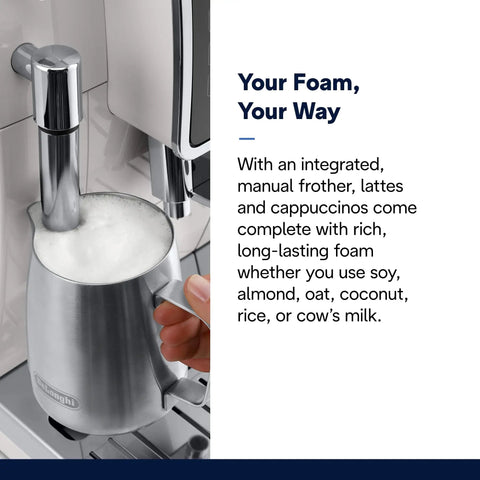 Slick One Touch Bean To Cup Espresso Maker In Crisp White Featuring Integrated Steel Burr Grinder And Adjustable Milk Frother, showing a frother with milk foam.
