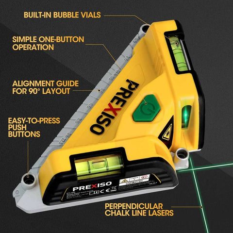 Square Laser Level With Green Beam, 65 Feet Tile Floor Layout, 90 Degree Aluminum Base, Magnetic Level Square, Built In Bubble Vials, Nails And AA Batteries Included, Pro Grade Accuracy For Quick, Simple Home Renos on yellow tool with green beam