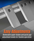 Close-up of removable blades and knobs on a heavy duty industrial metal bender, showcasing easy adjustments for flexible operation.